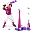 QDRAGON 2 in 1 T Ball Sets for Kids 3-5 5-8 Tee Ball Set with Automatic Pitching Machine/Adjustable Batting Bat & Stand/6 Balls Baseball Toys Outdoor Sport for Toddlers Girls Pink