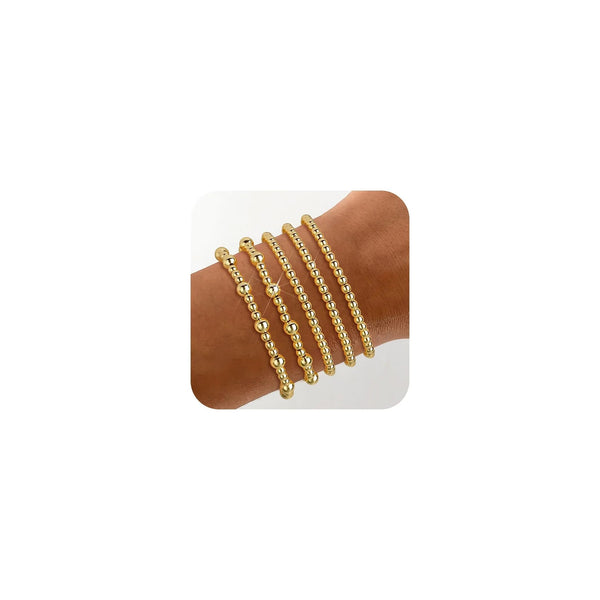 Wowshow Gold Bracelets for Women Gold Beaded Bracelets Gold Stack Bracelets Ball 14K Gold Plated Bracelet Stack Set Adjustable Gold Jewelry for Women (6.8 Inch) - alternate view