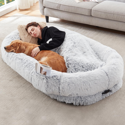 Human Dog Bed, 63''x31.4''x9.5'' Size Fits You and Pets, Washable Faux Fur Dog Bed for People Doze Off, Napping Orthopedic Dog Bed, Present Plump Pillow, Blanket, Strap - Grey