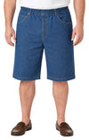 Men's pull-on stretch denim shorts with elastic waist, featuring a comfortable fit and no zipper. Perfect for casual wear.