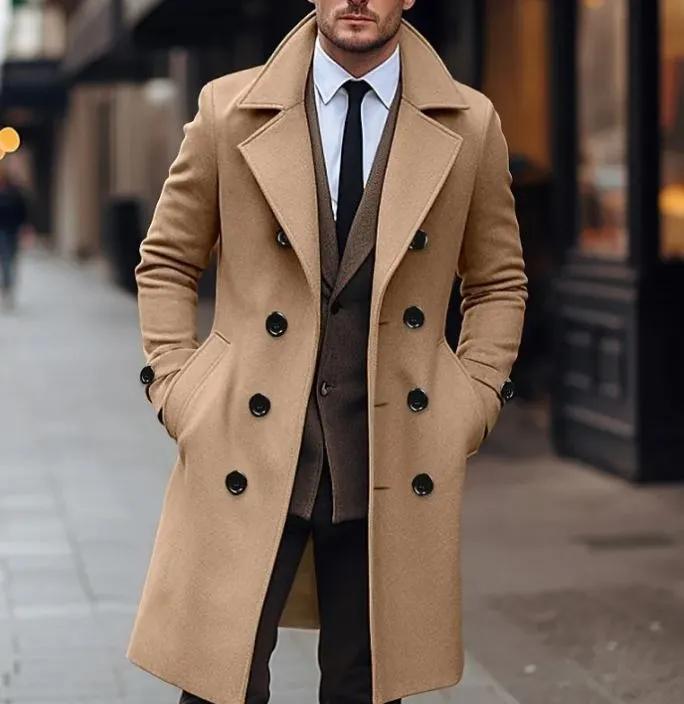 Fall Winter Men Woolen Coat Double Breasted Long - alternate view