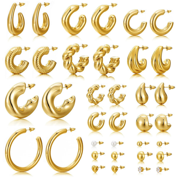 KISS WIFE Chunky Gold Earrings 18 Pairs Chunky Gold Hoops Set Gold Jewelry for Women Christmas Gift - alternate view
