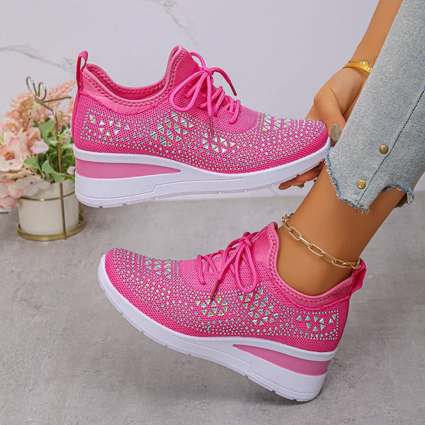 Rhinestone Wedge Sneakers — Fashion Lace-Up Casual Shoes for Women
