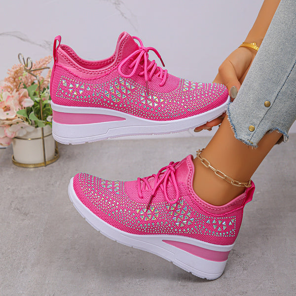 Rhinestone Wedge Sneakers — Fashion Lace-Up Casual Shoes for Women