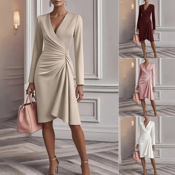 V-Neck Pleated Midi Dress