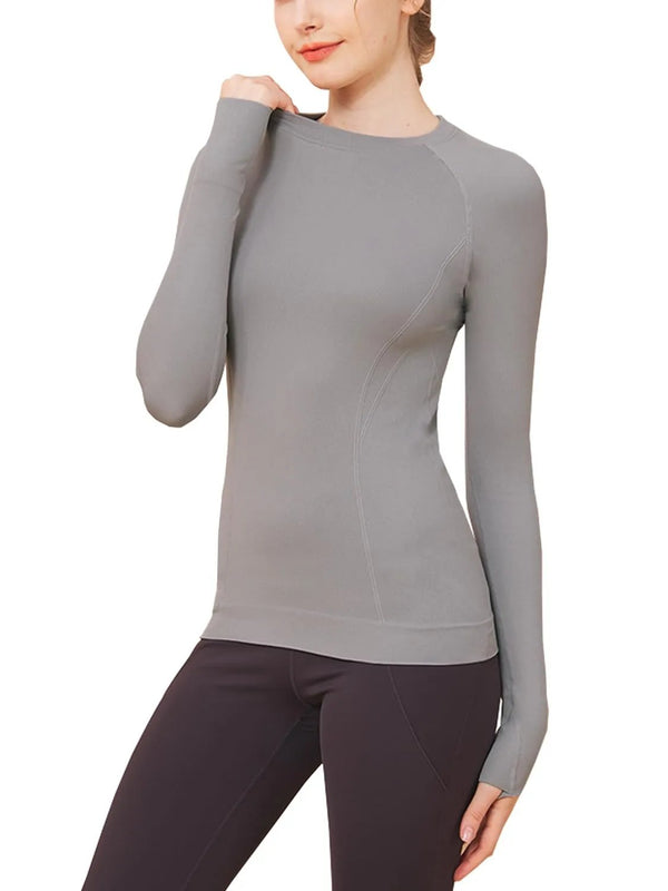 FelFory Workout Shirts for Women Long Sleeve Seamless Workout Tops for Women Compression Shirts Women Running Shirts Yoga Shirts Women Athletic Shirts Long Sleeve with Thumb Holes Women Grey Small - alternate view
