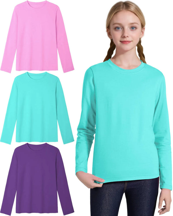 3 Pack Girls Long Sleeve Shirts Boys Cotton Crewneck T-Shirts Kids Basic Soft Long Sleeve Tees Top Purple+Pink+Green 10-11 Years
