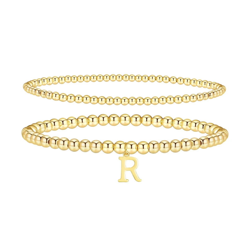 Lisitine Gold Bracelets for Women 14K Gold Plated Initial Beaded Bracelets Gold Stretch Bead Ball Bracelet stack Set Adjustable Gold Jewelry for Women