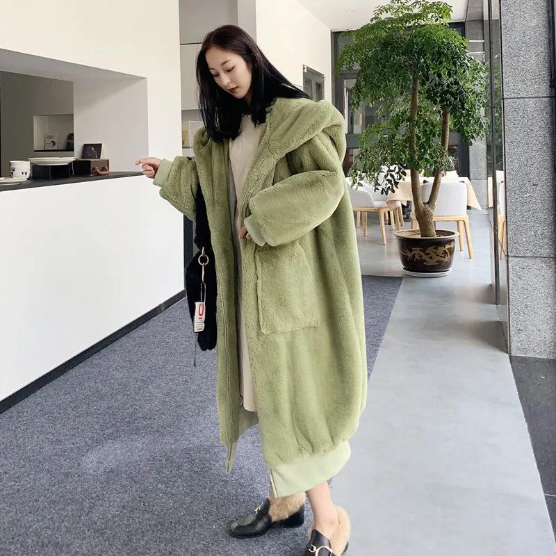 Thick Warm Long Hooded Fur Coat for Women