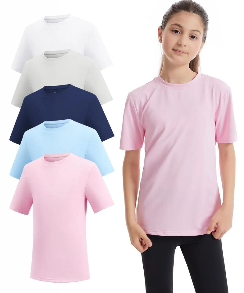 Celfaeree 5 Packs Girls Athletic Shirts Short Sleeve Active T-Shirts Dry Fit Sports Workout Shirts for Kids Teens White/Gr/Dark Blue/Blue/Pink S