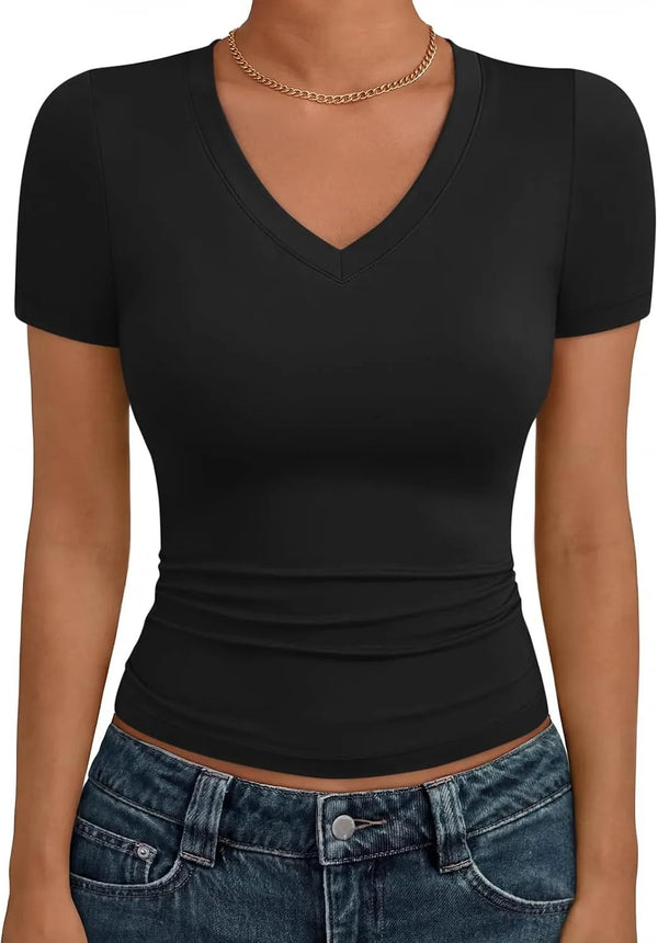 Trendy Queen Womens Summer V Neck Short Sleeve T Shirts Crop Cute Tee 2026 | Basic Tops, Slim Fit, Workout Gym Outfits, Going Out Fashion, Spring Y2k Compression Clothing - alternate view