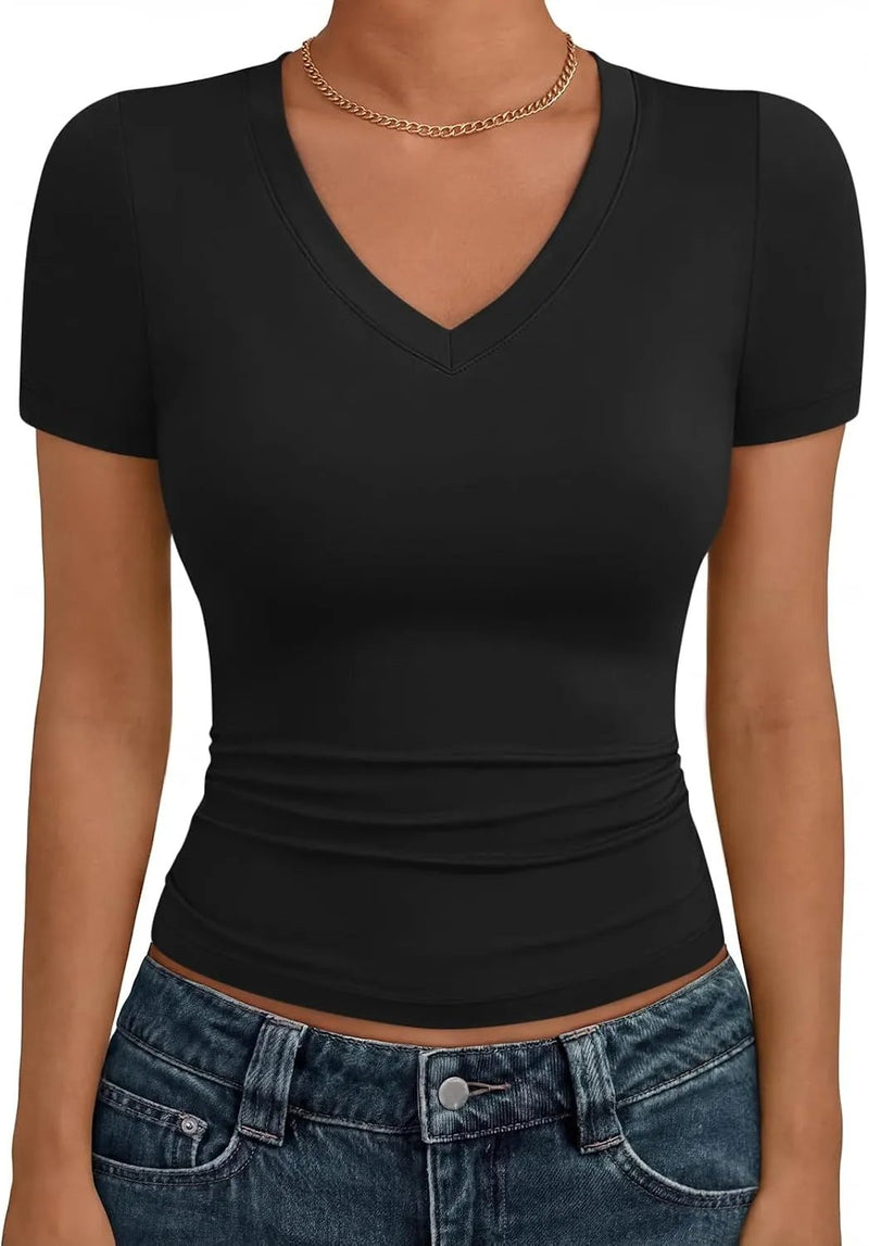 Trendy Queen Womens Summer V Neck Short Sleeve T Shirts Crop Cute Tee 2026 | Basic Tops, Slim Fit, Workout Gym Outfits, Going Out Fashion, Spring Y2k Compression Clothing - alternate view