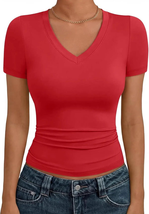 Trendy Queen Womens Summer V Neck Short Sleeve T Shirts Crop Cute Tee 2026 | Basic Tops, Slim Fit, Workout Gym Outfits, Going Out Fashion, Spring Y2k Compression Clothing