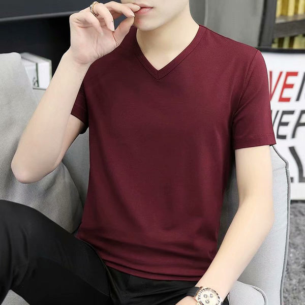 Mens Short-Sleeve V-Neck T-Shirt Summer Slim-Fit White All-Match Tee