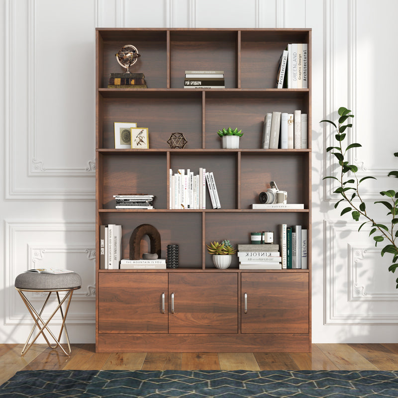 70.87" Tall Bookshelf with 10 Cubes & 3 Doors – Modern Walnut Cube Organizer