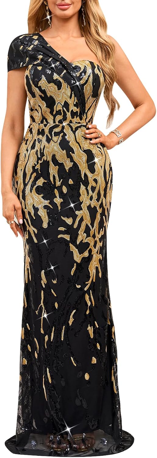 Cololura Women Sequin One Shoulder Mermaid Formal Maxi Dress Evening Gown | Sexy Elegant Gala Dress, Sparkly Bodycon Fit, Sleek Curve-Hugging Shape for Prom, Ball, Black-Tie, Cocktail Events