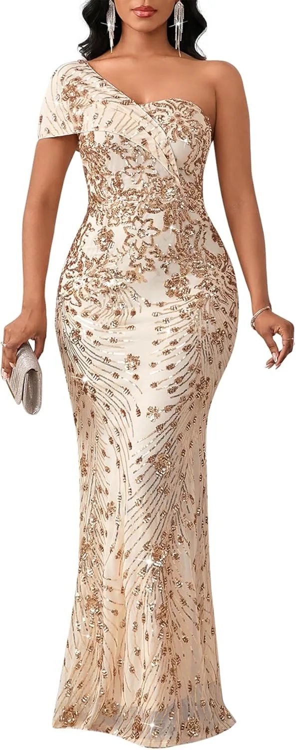 Cololura Women Sequin One Shoulder Mermaid Formal Maxi Dress Evening Gown | Sexy Elegant Gala Dress, Sparkly Bodycon Fit, Sleek Curve-Hugging Shape for Prom, Ball, Black-Tie, Cocktail Events - alternate view