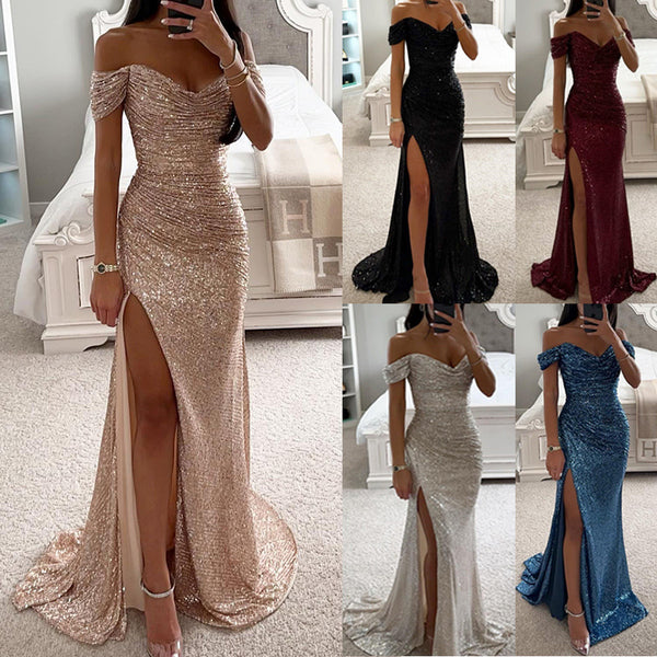 Sequin Off-Neck Split Party Dress
