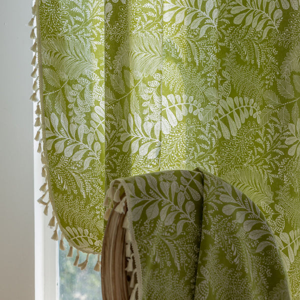 Green Plant Floral Kitchen Curtain Set — American Print with Fringe