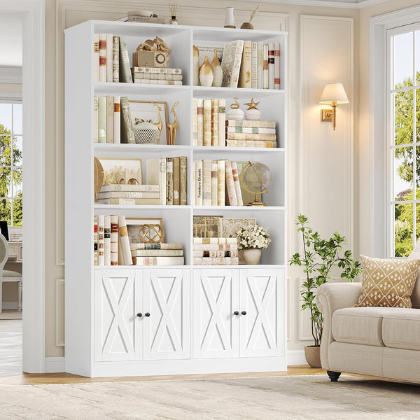 71” Tall Bookshelf with Doors, Black Bookcase with Storage | 47.2” Double Wide Farmhouse Bookcase with 8 Open Display Shelves, 6 Tier Bookshelves and Bookcases for Home Office (Black)