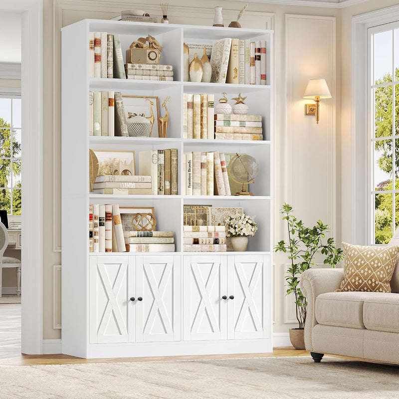 71” Tall Bookshelf with Doors, Black Bookcase with Storage | 47.2” Double Wide Farmhouse Bookcase with 8 Open Display Shelves, 6 Tier Bookshelves and Bookcases for Home Office (Black)