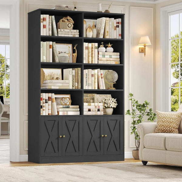 71” Tall Bookshelf with Doors, Black Bookcase with Storage | 47.2” Double Wide Farmhouse Bookcase with 8 Open Display Shelves, 6 Tier Bookshelves and Bookcases for Home Office (Black) - alternate view
