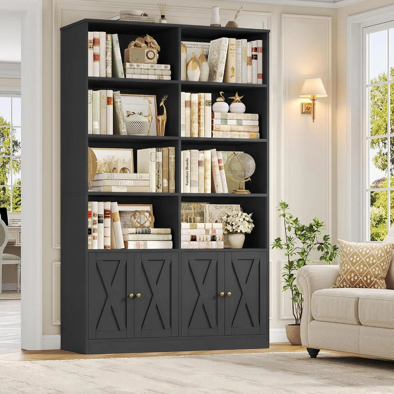 71” Tall Bookshelf with Doors, Black Bookcase with Storage | 47.2” Double Wide Farmhouse Bookcase with 8 Open Display Shelves, 6 Tier Bookshelves and Bookcases for Home Office (Black) - alternate view