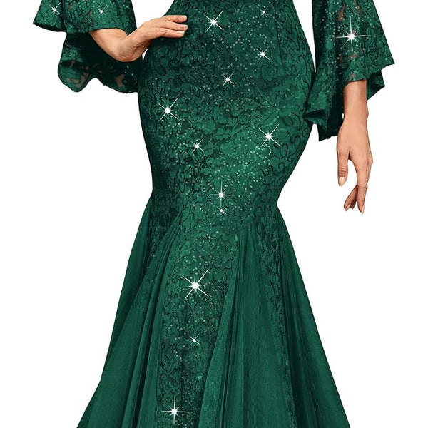 Miusol Women's Deep V Neck Sequin Lace Mesh Tulle Hem Formal Evening Maxi Dress