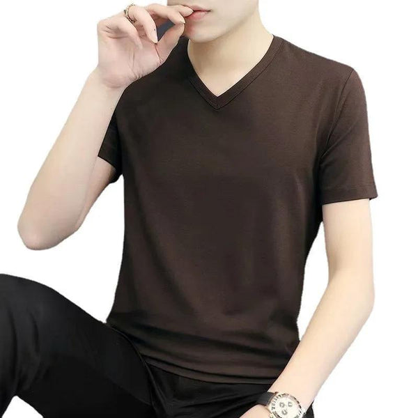 Mens Short-Sleeve V-Neck T-Shirt Summer Slim-Fit White All-Match Tee - alternate view