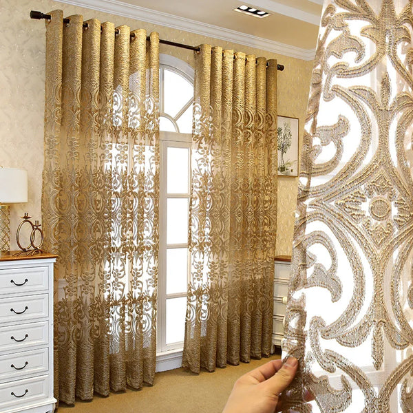 Luxury European Embroidery Gauze Curtain — Gold Shading for Living Room & Bedroom
