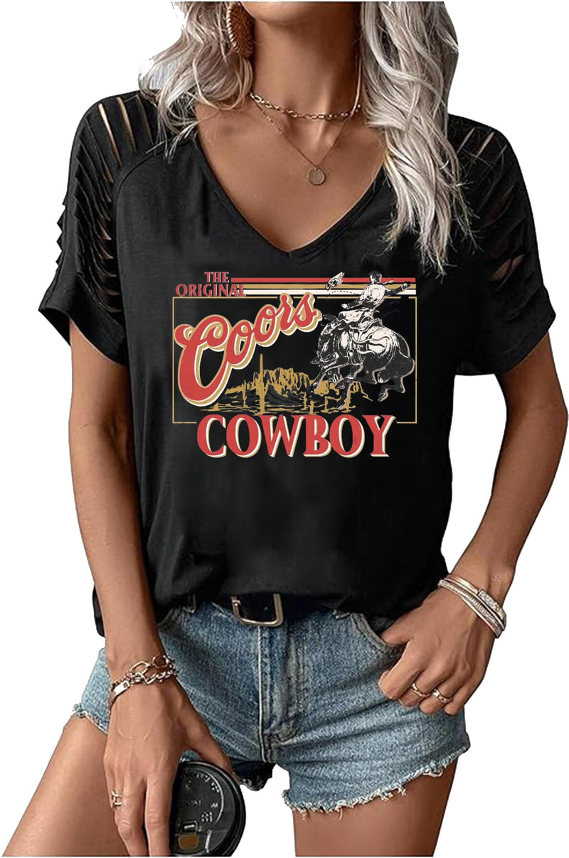 Women's Cut-Out V-Neck Country Concert Tee – Western Rodeo Graphic Shirt