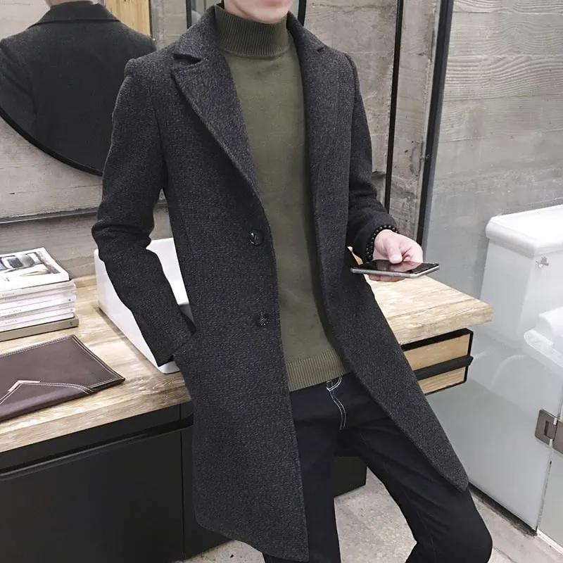 Mid-Length Korean Woolen Coat for Men - Large Size
