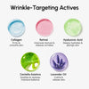 Collagen, Retinol, Hyaluronic Acid, Centella Asiatica, and Lavender Oil benefits for anti-wrinkle forehead patches.