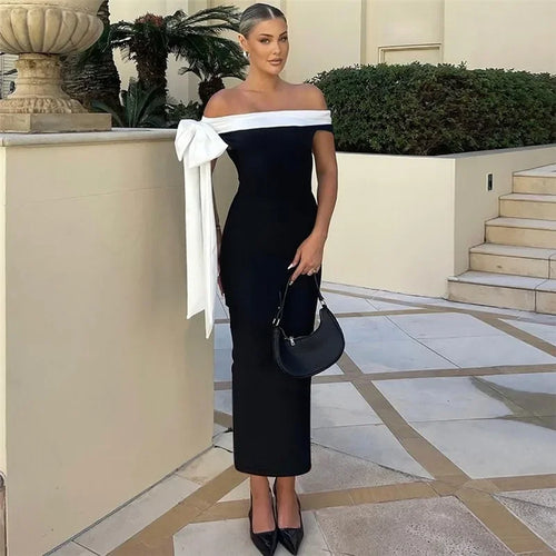 Tuularose Summer Bandage Long Dress Women's Elegant One Shoulder Bow Tie Slim Evening Dress Sexy Patchwork Party Dress Y2k 2025