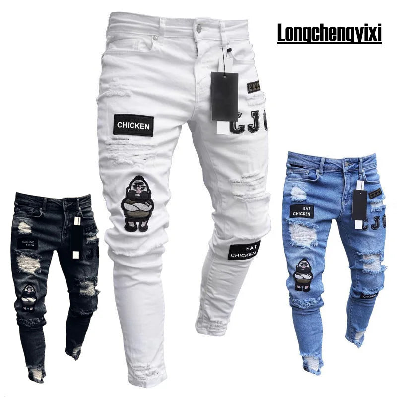 Men's White Embroidery Ripped Skinny Jeans — Hip Hop Slim Fit
