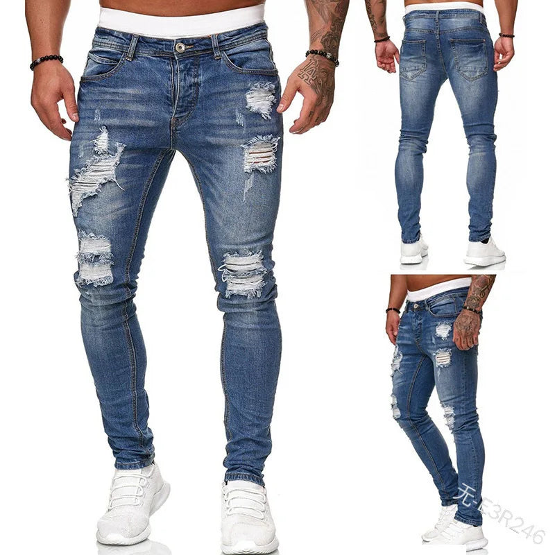 Men's White Embroidery Ripped Skinny Jeans — Hip Hop Slim Fit - alternate view