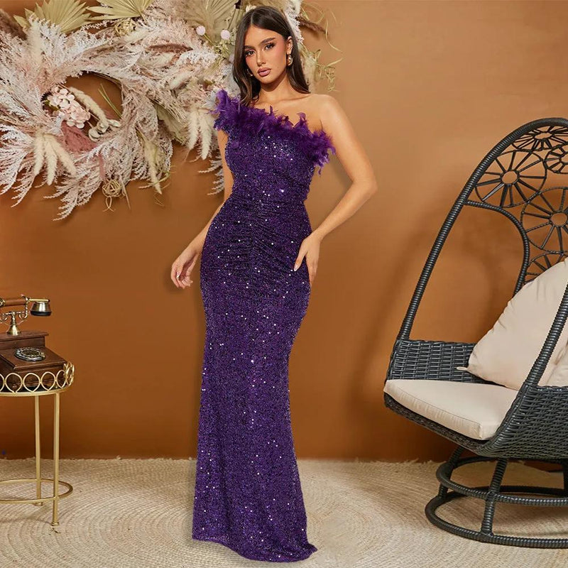 Feather & Sequin Evening Dress - alternate view