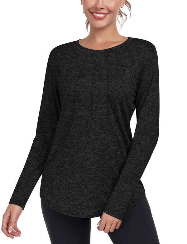 DUVOWE Women Long Sleeve Workout Shirts Sport Tops Crewneck Lightweight Quick Dry Hiking Athletic T-Shirts Black - alternate view