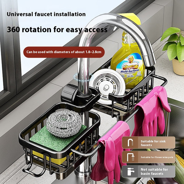 Sink Faucet Storage Rack — Aluminum Drain Basket & Organizer