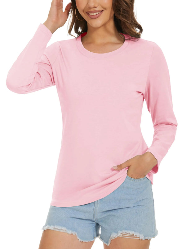 TACVASEN Crew Neck Shirts Women Soft Long Sleeve Tee Shirts Breathable Cotton T Shirts Classic-Fit Shirt Casual Tops Plain Basic Tees Light Pink