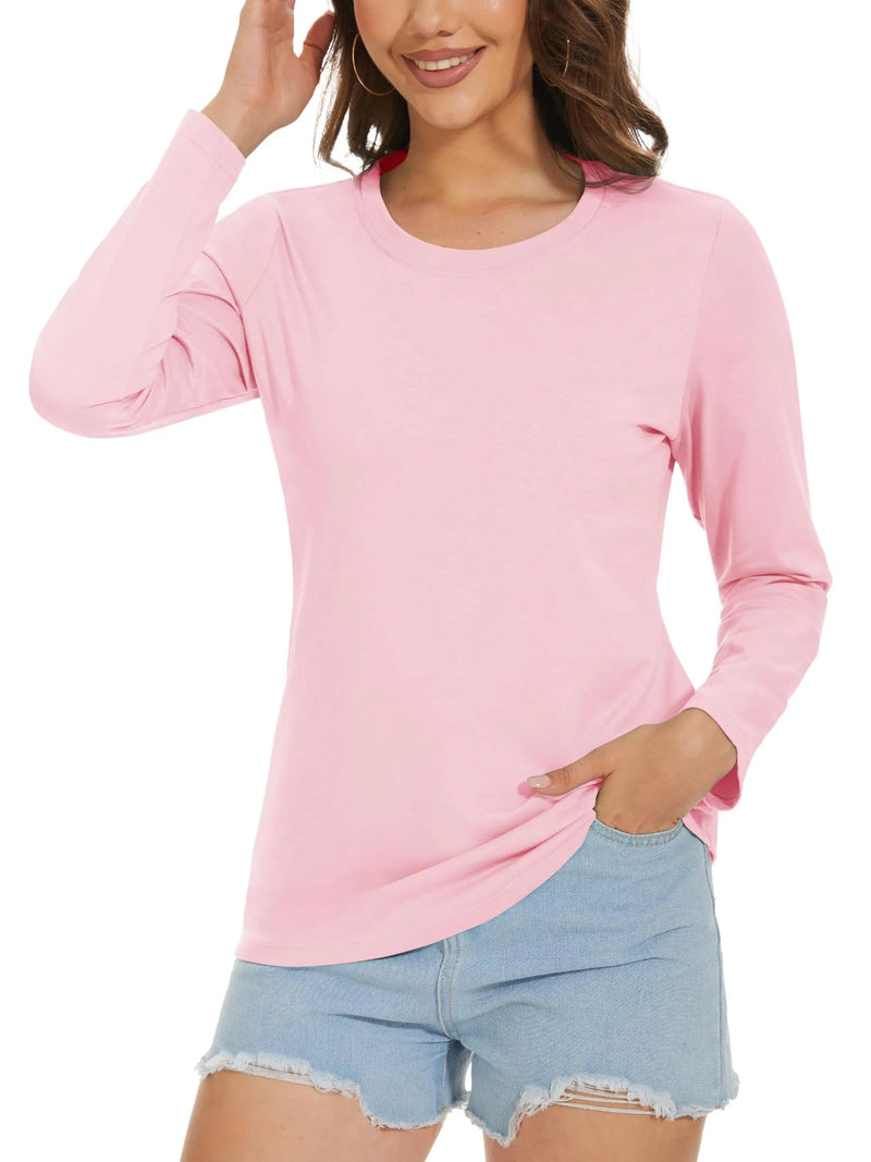 TACVASEN Crew Neck Shirts Women Soft Long Sleeve Tee Shirts Breathable Cotton T Shirts Classic-Fit Shirt Casual Tops Plain Basic Tees Light Pink