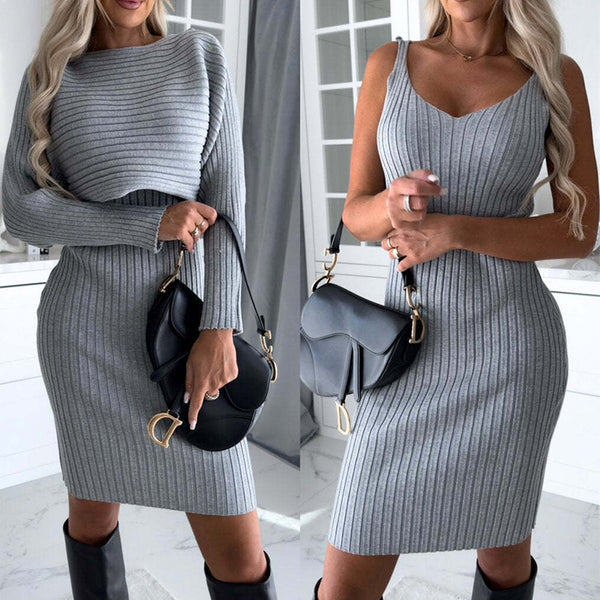 Stripe Knit Two-Piece Set — Top & Suspender Skirt